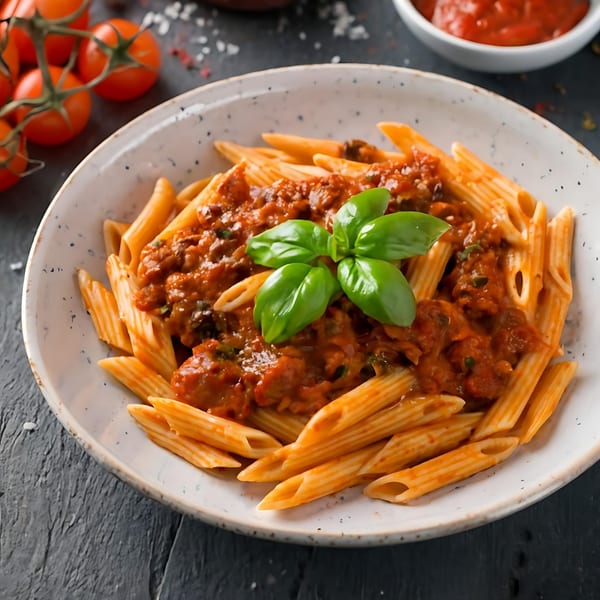 Penne pasta with rich red sauce and fresh basil in a white bowl, with tomatoes in the background.